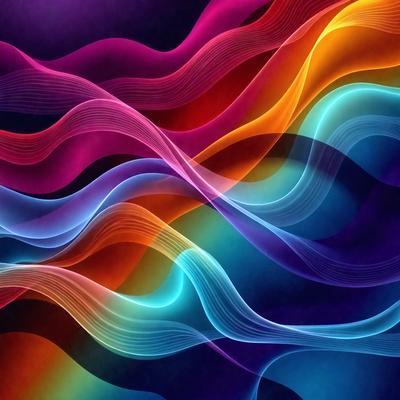 The primary subject of the image is a colorful, abstract pattern featuring a mix of blue, purple, pink, and orange hues. The setting is a dark background, which contrasts with the vibrant colors of the pattern. The visual style appears to be a digital art or illustration, as the colors and patterns are intricately detailed. The overall atmosphere of the image is lively and energetic, with the bold colors and dynamic patterns creating a sense of movement and dynamism.